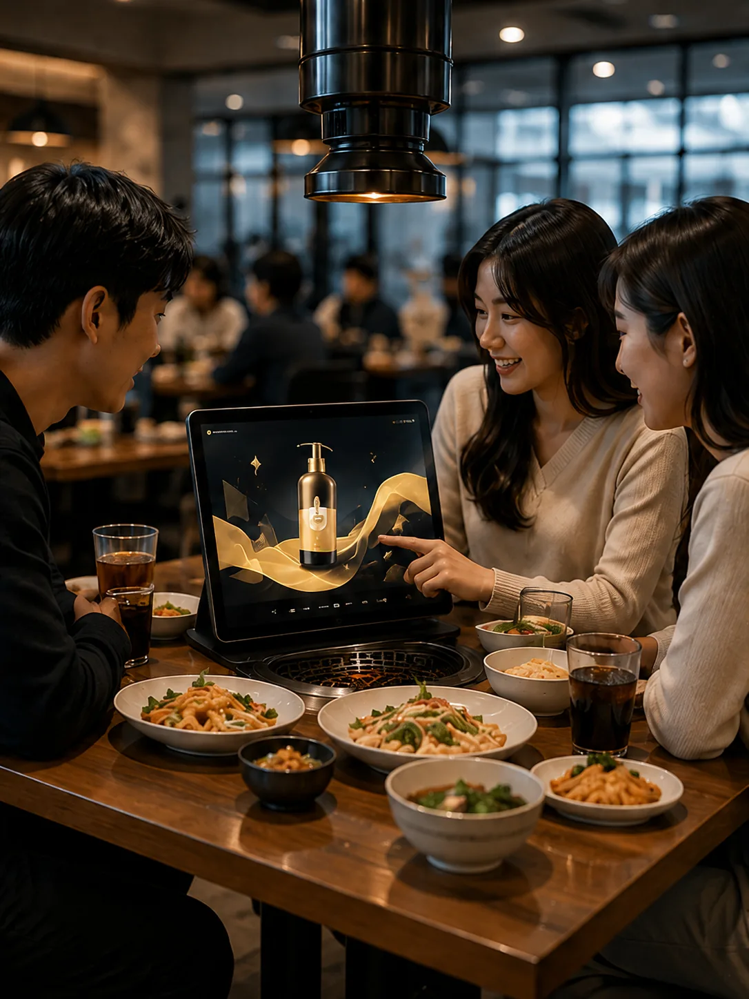 식사 시간 동안 테이블오더 광고를 함께 보는 고객